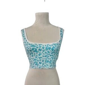 Q2 Women Turquoise White Leopard Print Knit Square Neck Crop Top Size S